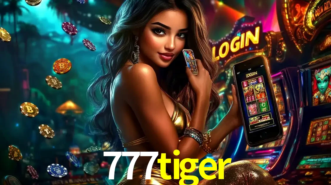 Mulher em um cenário de cassino temático de aventura, mostrando o app de caça-níqueis da 777tiger no celular. Fichas de apostas flutuam ao redor.