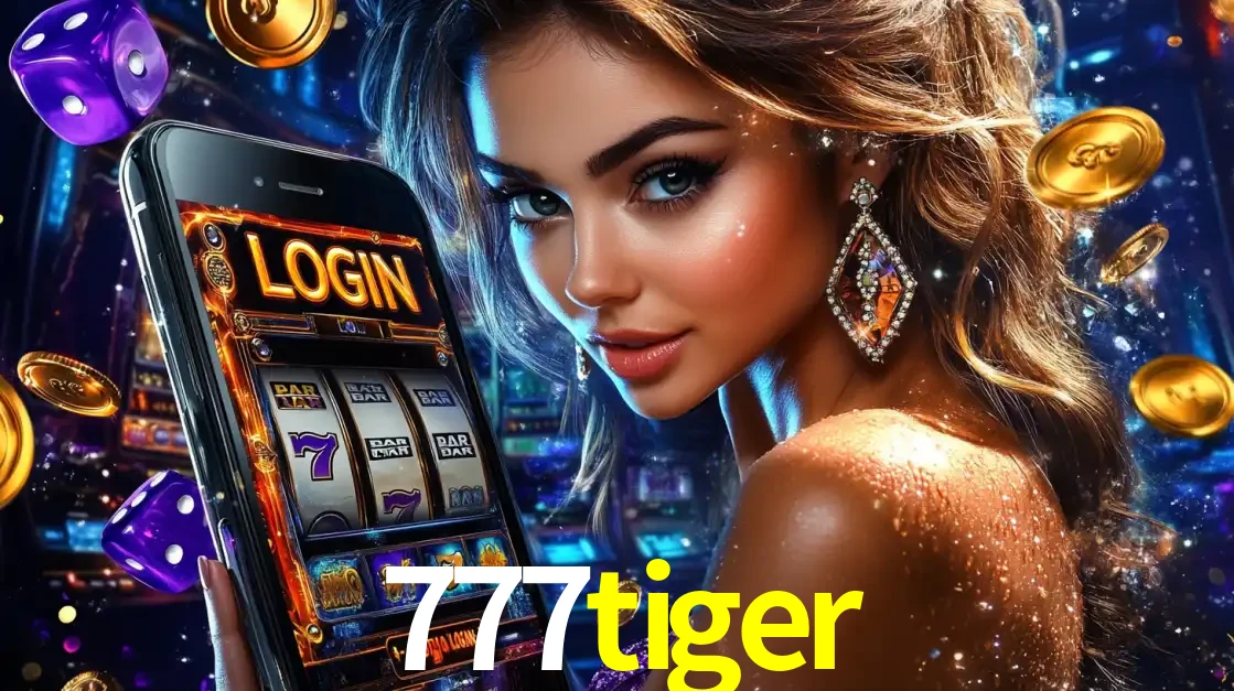 Mulher glamorosa segurando um smartphone com a tela de login para os jogos de caça-níqueis do cassino online 777tiger, com moedas de ouro e dados ao redor.